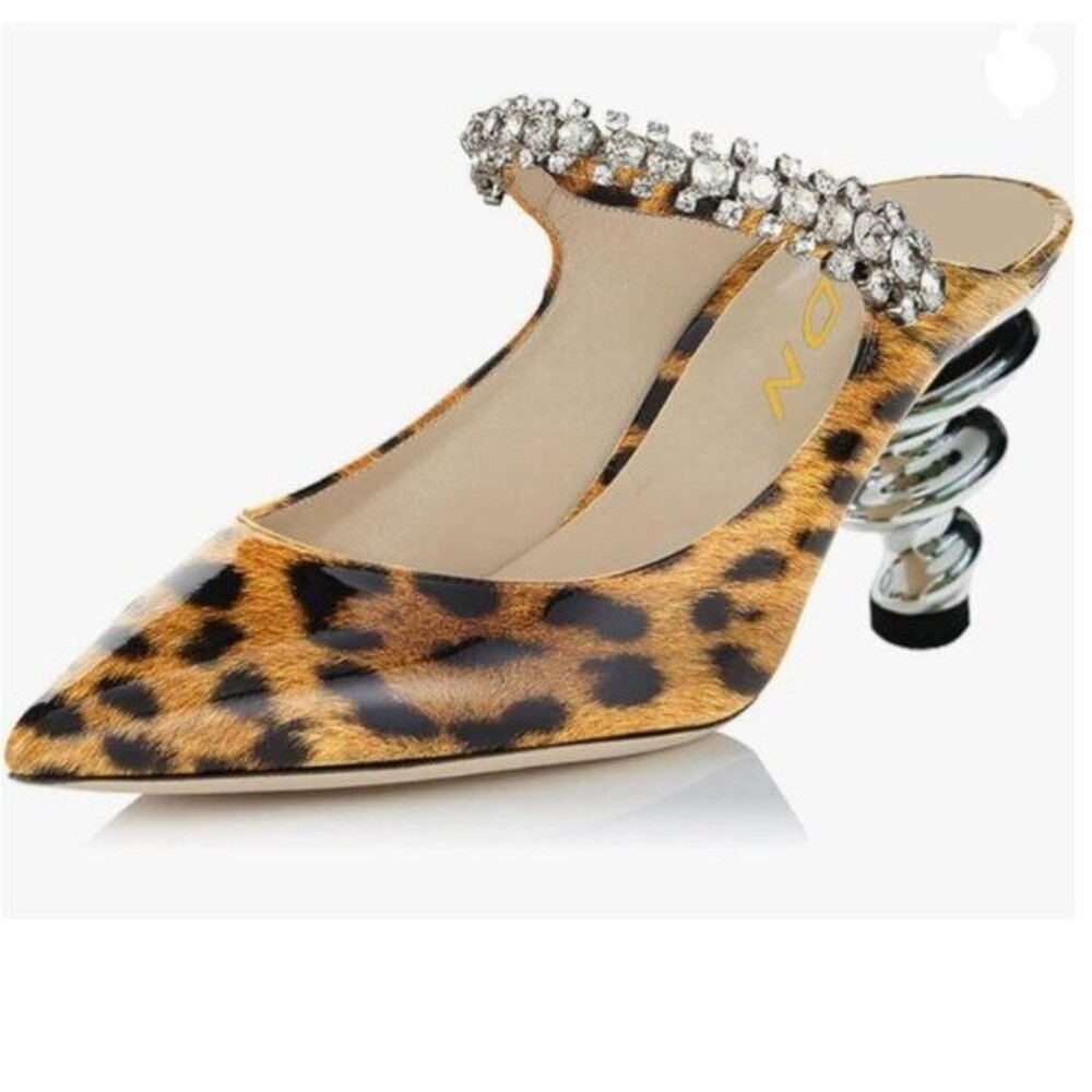 YDN Leopard Rhinestone Strappy Metallic Spiral Heels Slip On Pointed Toe Sandals
